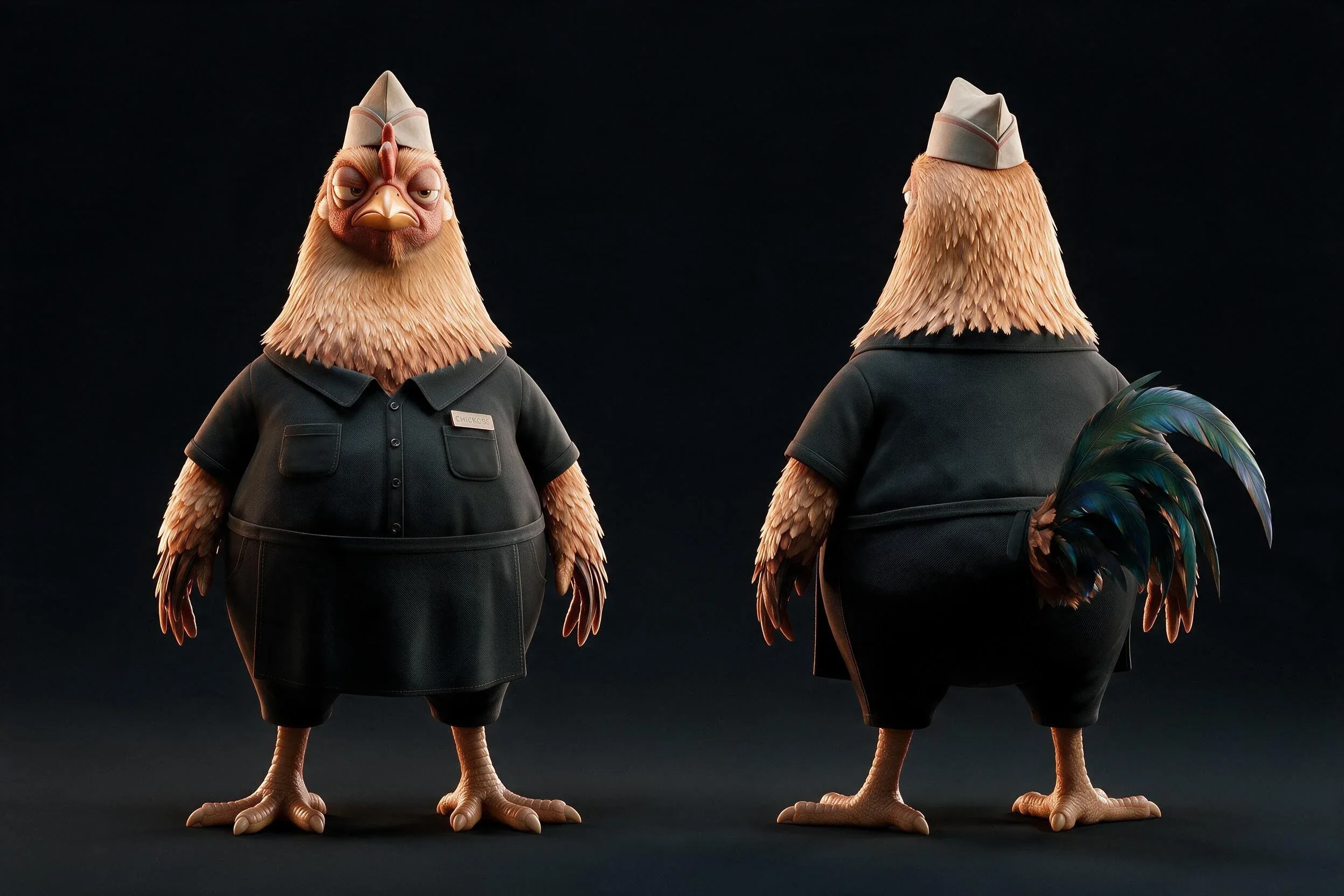 Planche de référence de CHICKOSS de face et de dos dans sa tenue de travail noire