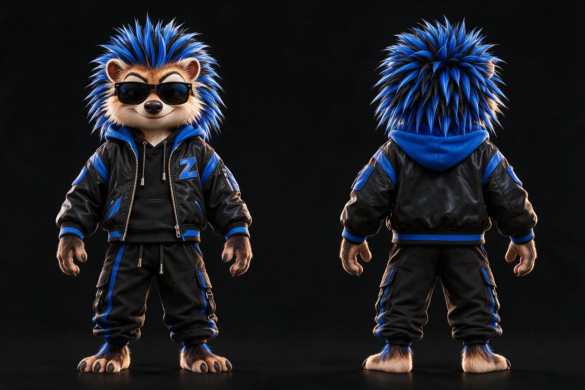 SPUTNIK de face et de dos, en tenue noire et bleue avec ses lunettes de soleil