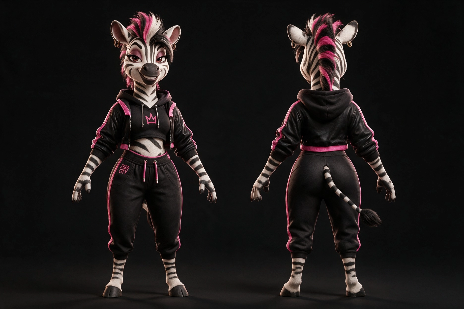 ZARRA de face et de dos dans sa tenue noire et rose
