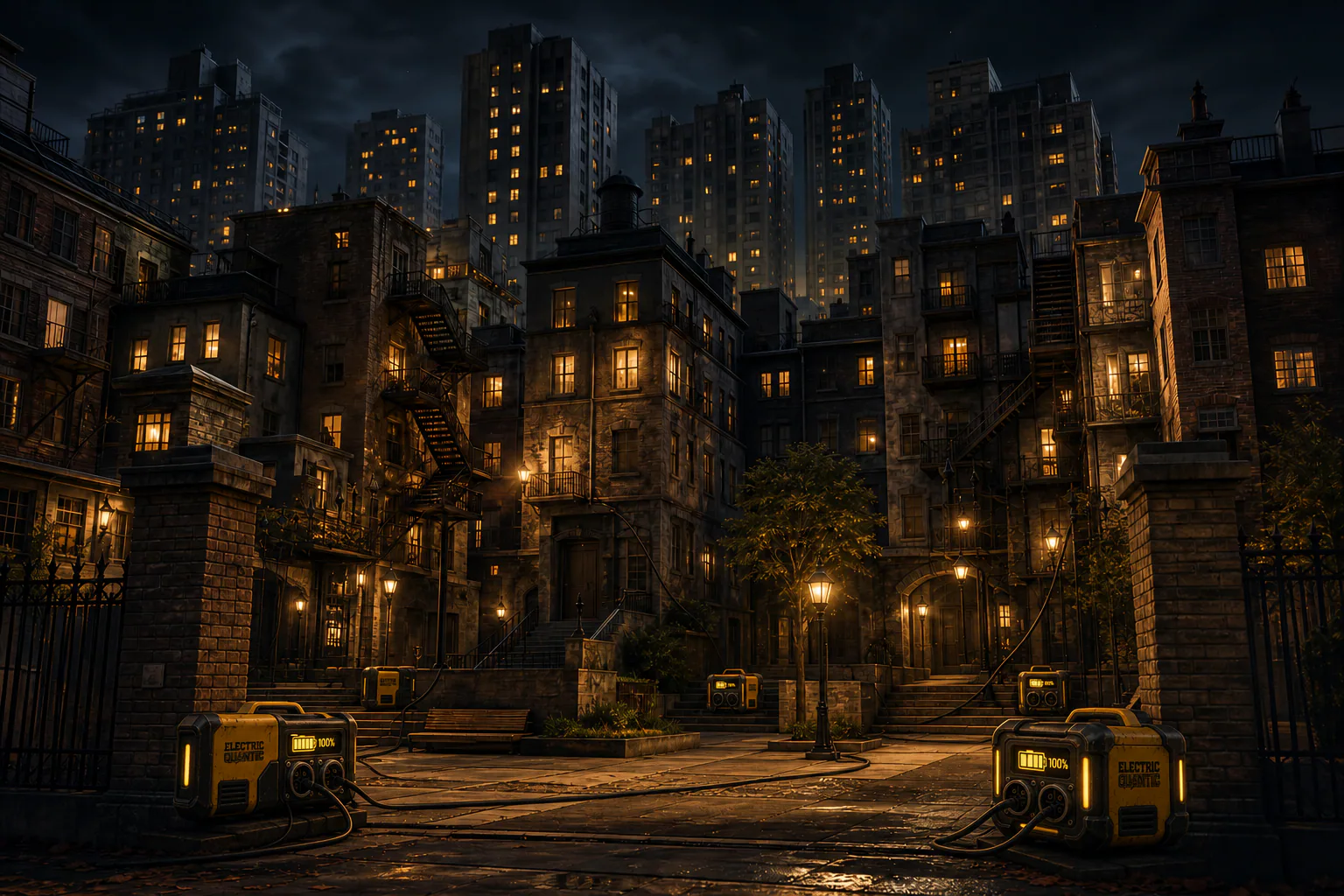Vue nocturne de la Grande Faille, entre immeubles éclairés et batteries Electric Quantic