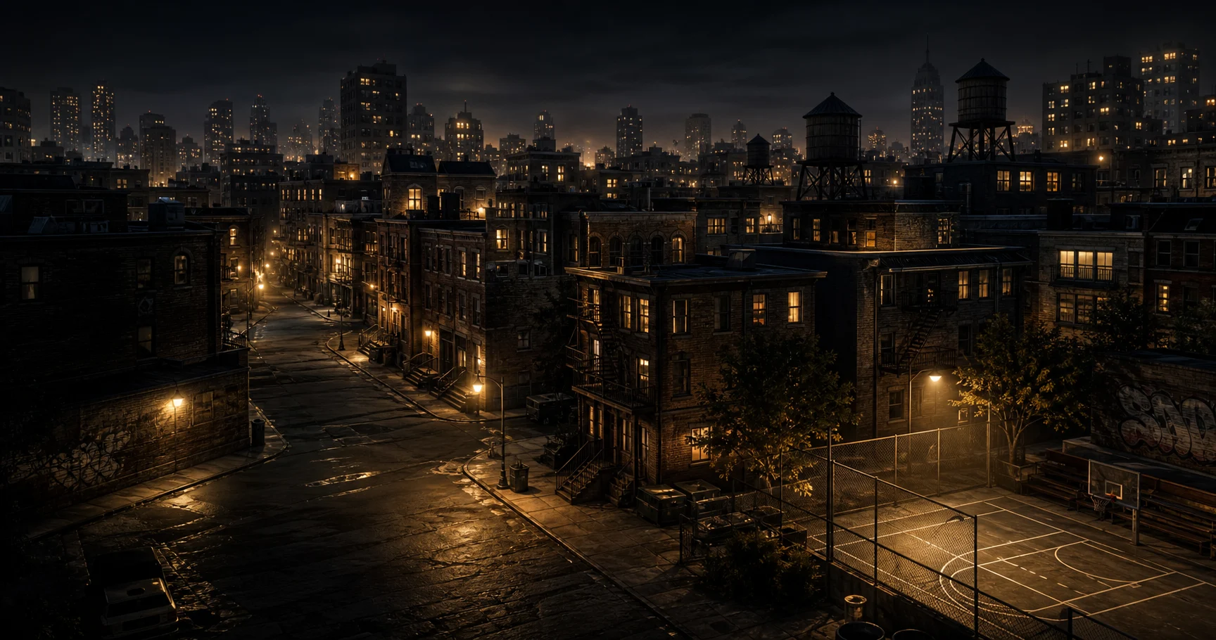Panorama nocturne de ZOZO CITY, ses quartiers éclairés et ses tours d’eau sous un ciel noir