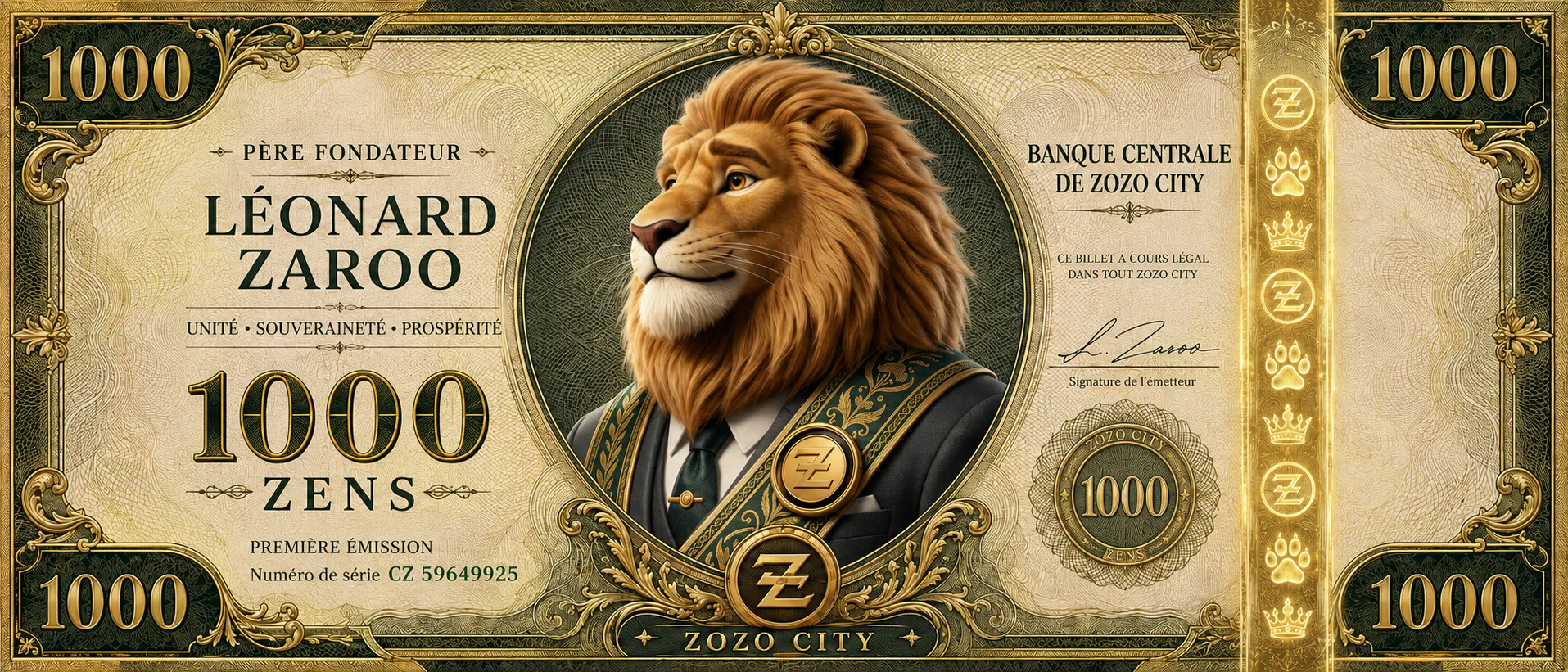 Billet officiel de 1 000 ZENS représentant Léonard Zaroo, Père Fondateur