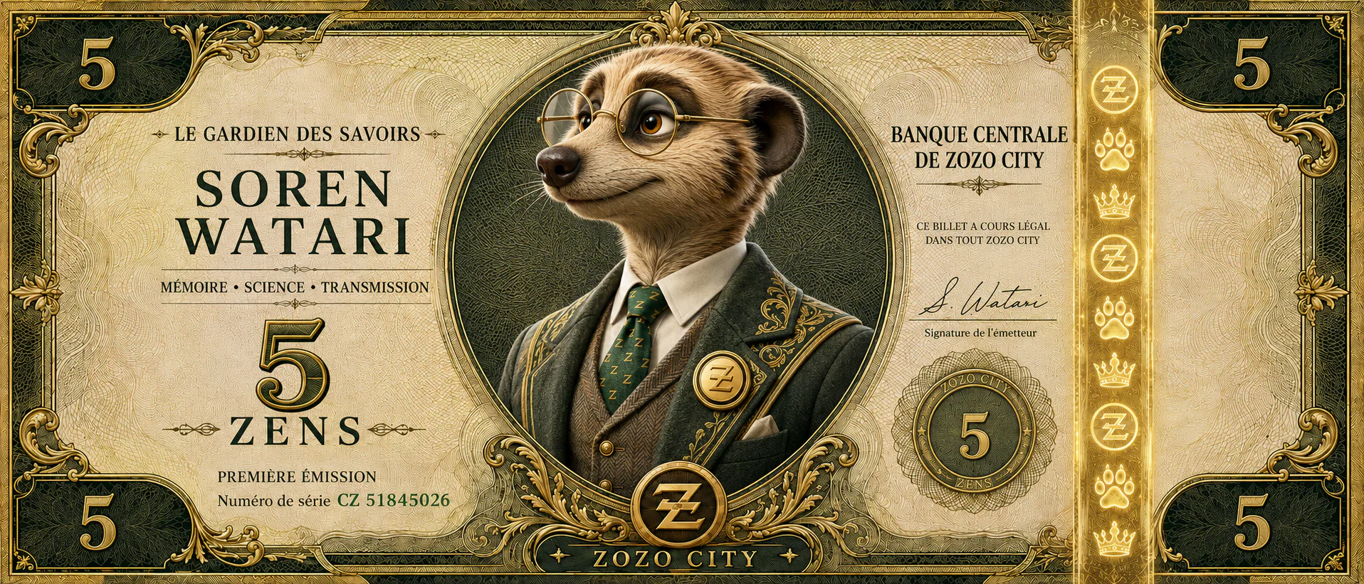 Billet officiel de 5 ZENS représentant Soren Watari, Le Gardien des Savoirs