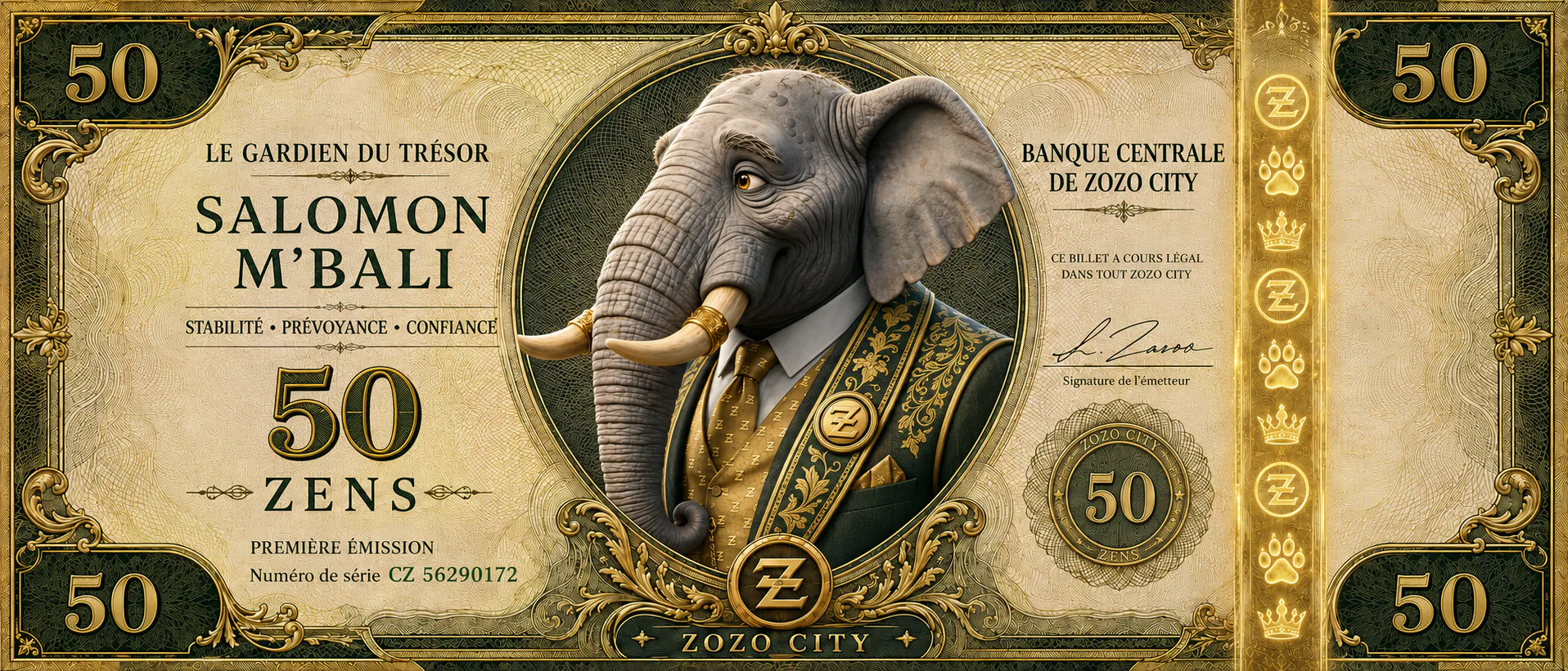 Billet officiel de 50 ZENS représentant Salomon M’Bali, Le Gardien du Trésor