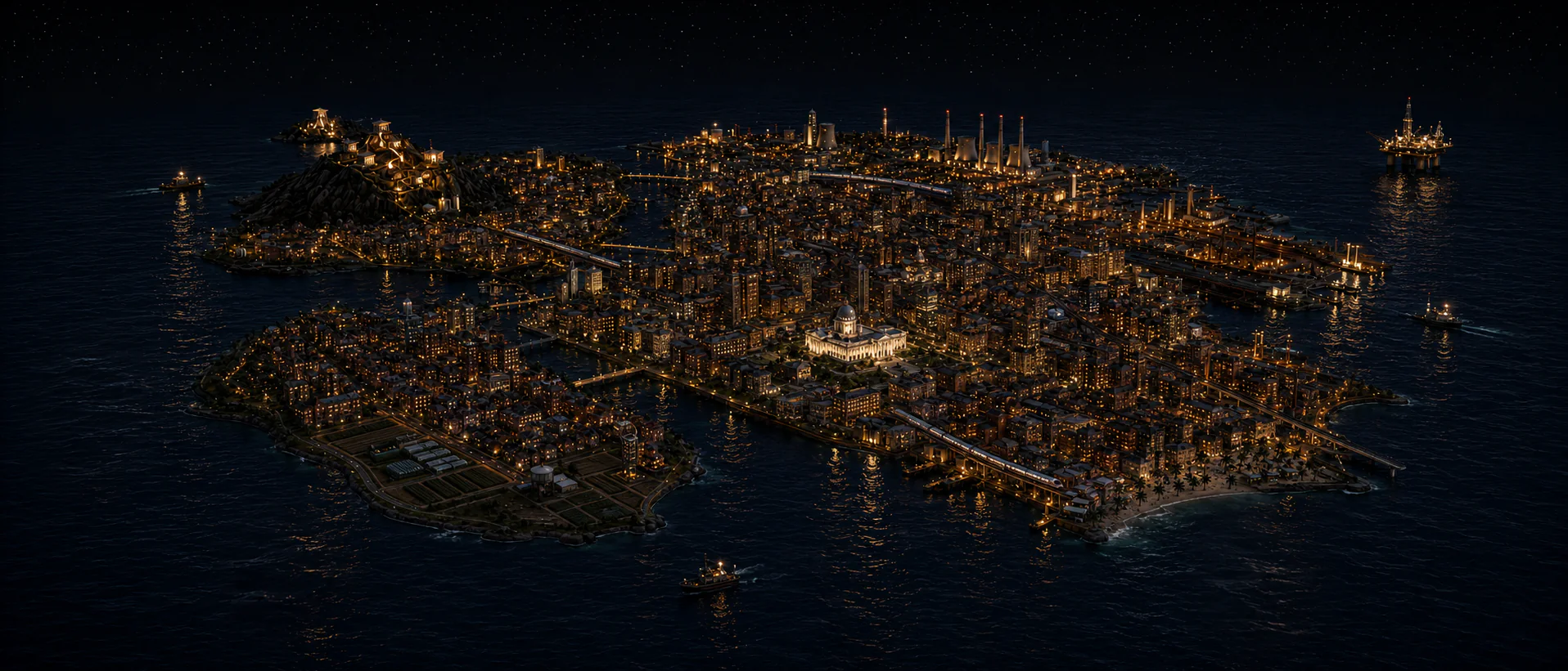 Vue aérienne nocturne de ZOZO CITY entourée par la mer