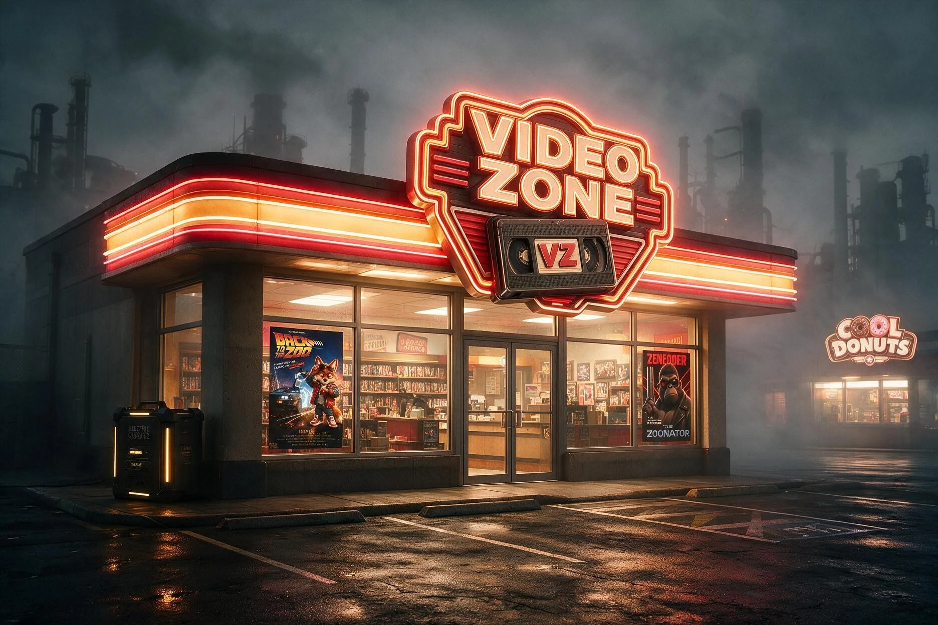 Le vidéoclub Video Zone éclairé devant les cheminées industrielles de La Forge