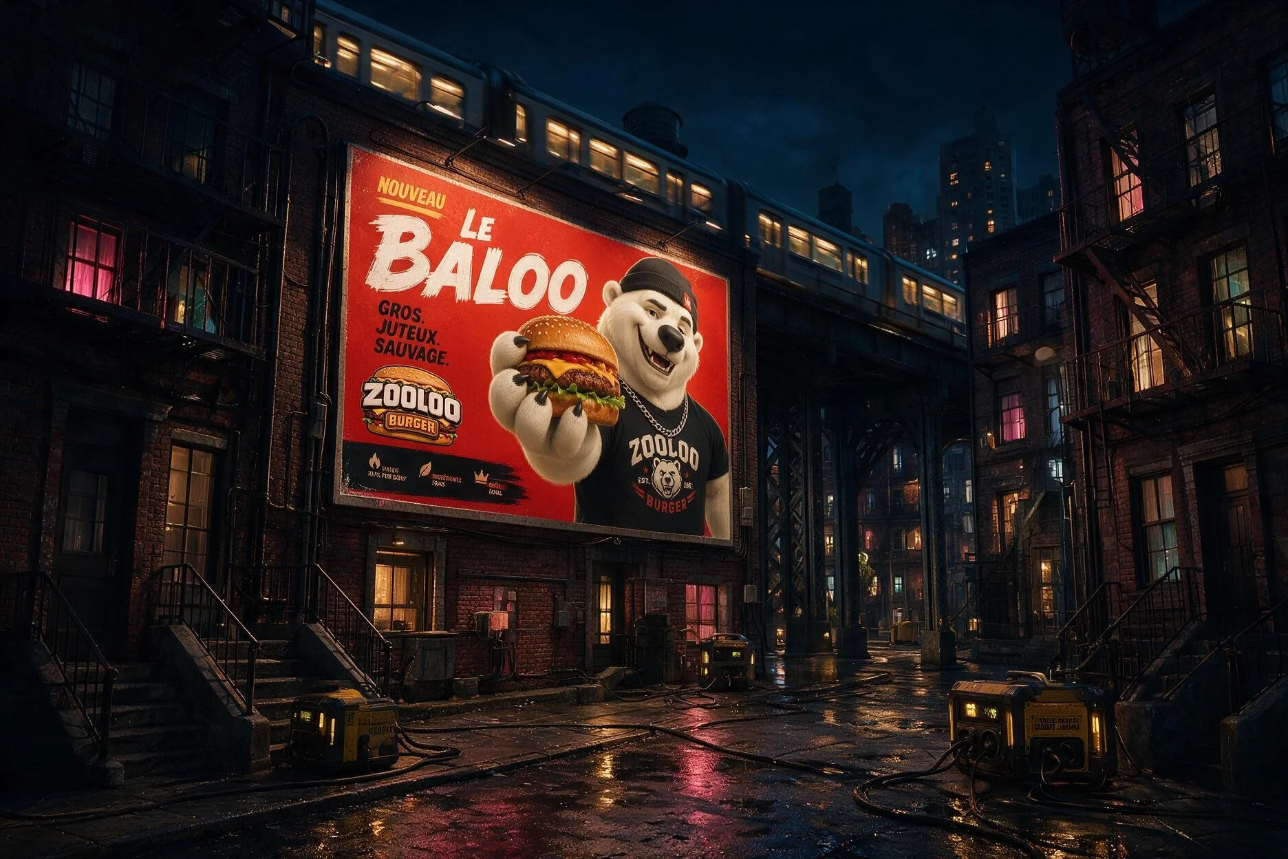 Une publicité Zooloo Burger sous le métro aérien dans La Grande Faille