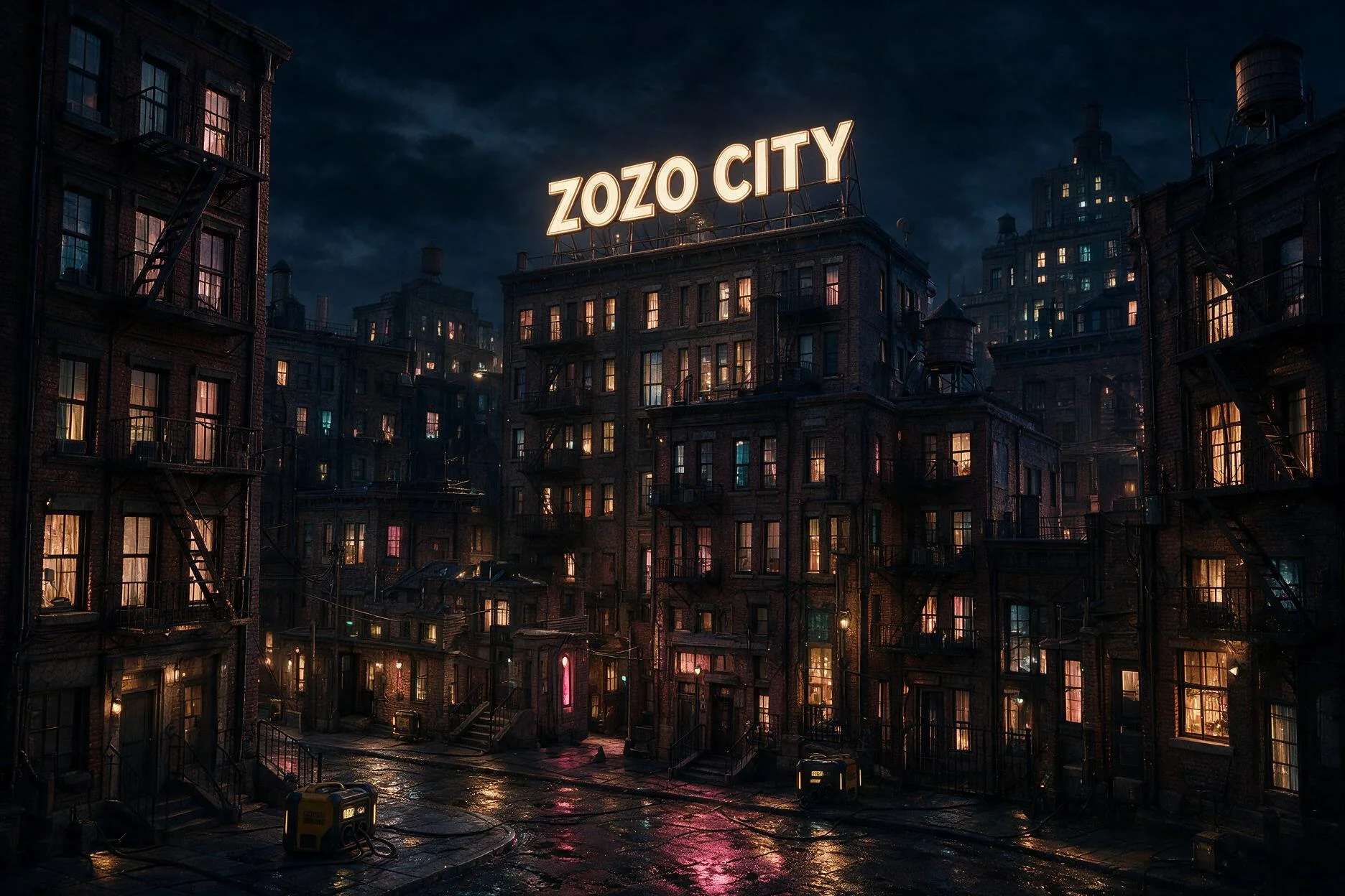 L’enseigne lumineuse ZOZO CITY au-dessus des immeubles de La Grande Faille la nuit