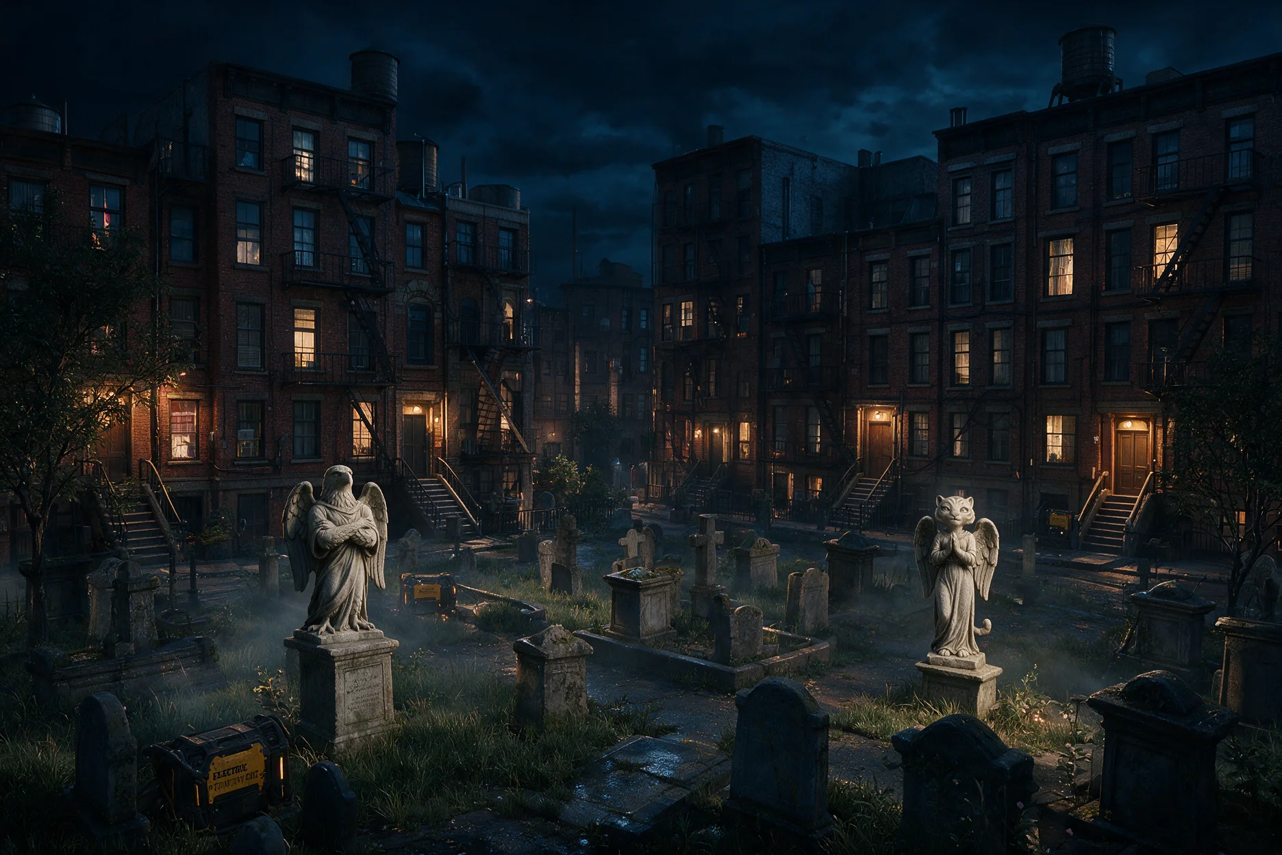 Un cimetière entouré d’immeubles, avec des statues et des pierres tombales dans La Grande Faille
