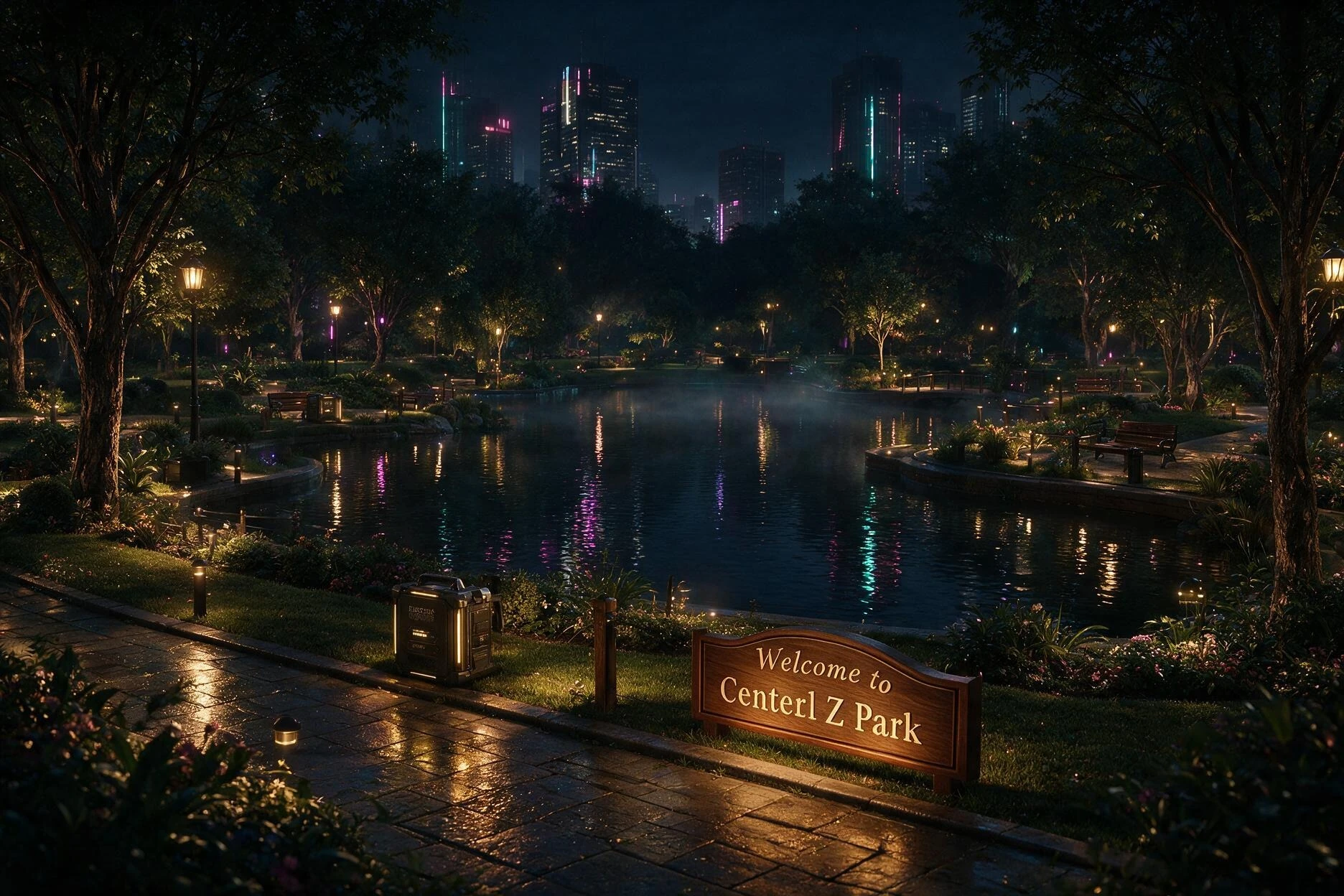 Le parc Center Z éclairé devant les tours de La Vallée