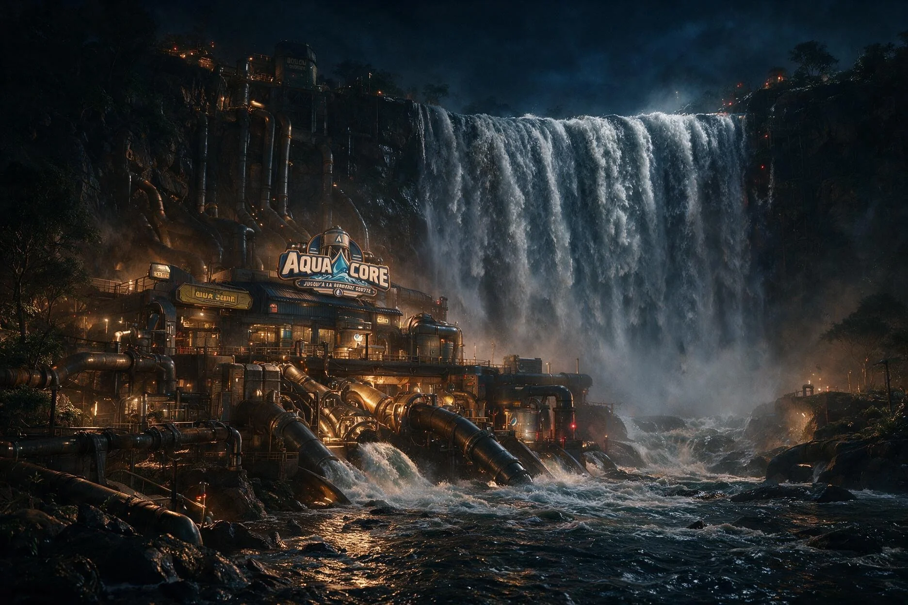 Le complexe Aqua Core au pied d’une cascade